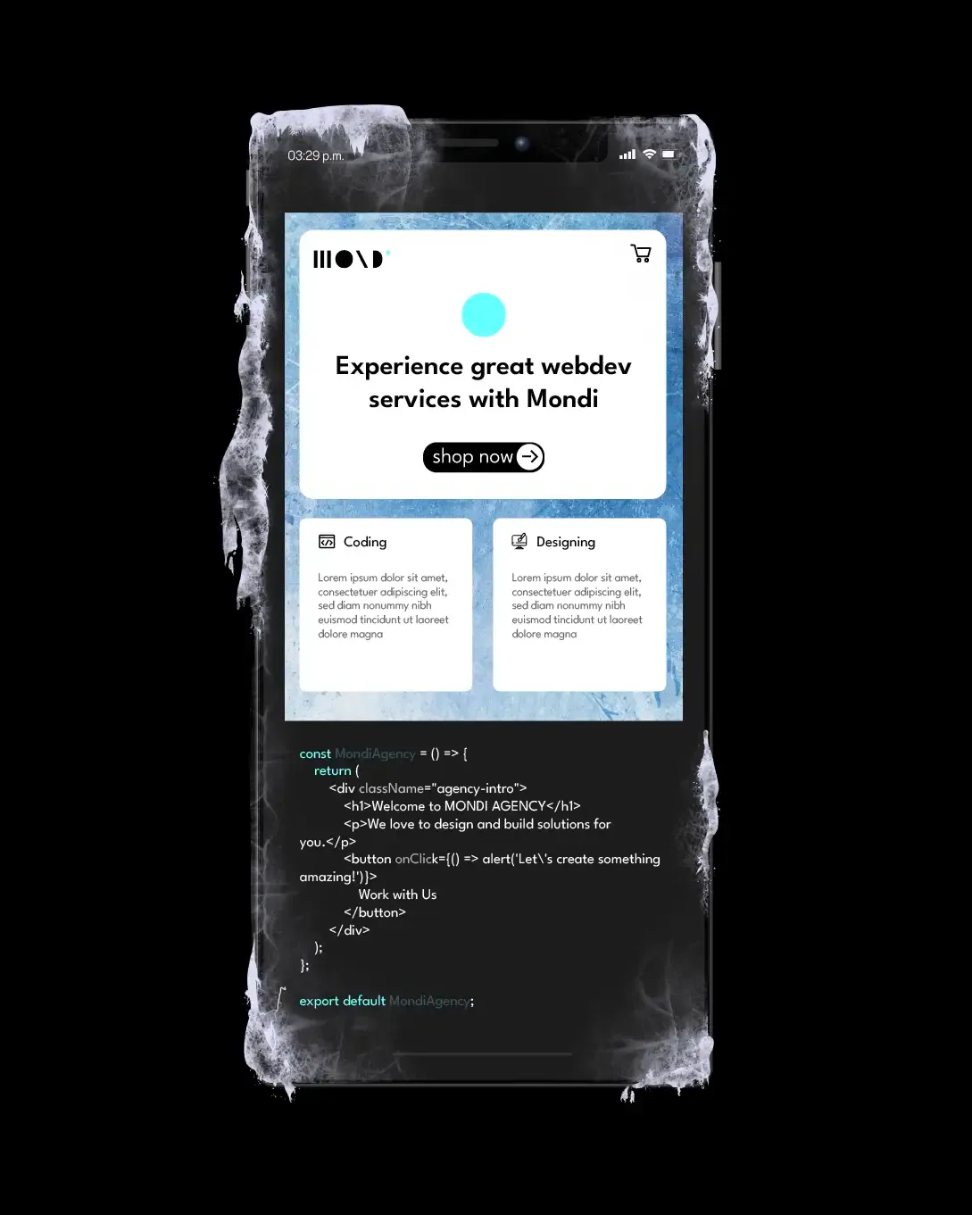 Mobile screen with a website and React.js code